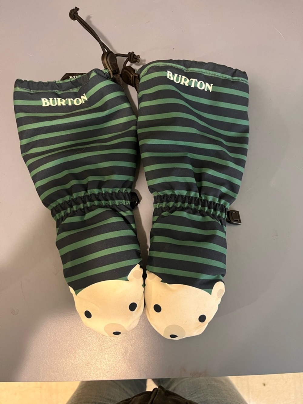 Burton Kids Dark Green & Black Striped Mittens with Polar Bear Face